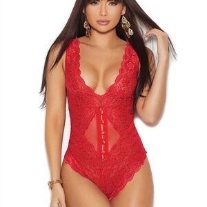 Red Lace Teddy Bodysuit with Deep V Front